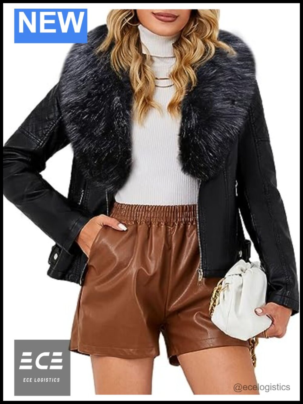 Faux Leather Moto Jacket Sherpa Lined Removable Fur Collar Coat